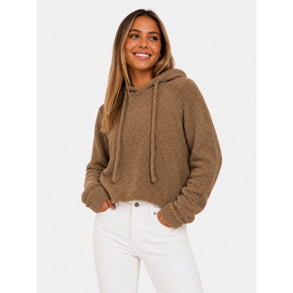 Lulus Snuggle With Me Light Brown Fuzzy Drawstring Hoodie Sweater M NWOT New
